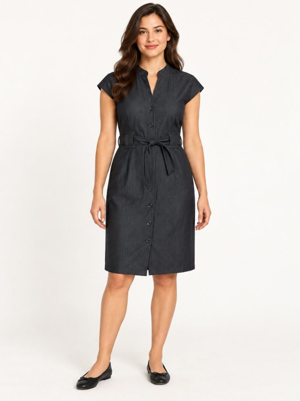 Calvin Klein Women's Dark Denim-Look Belted Button-Front Dress Fits M